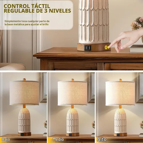 Vista 4 de Cinkeda Touch Table Lamp for Bedroom Nightstand, Cream Farmhouse Vintage Rustic 3-Way Dimmable Bedside Lamps with 2 USB Charging Ports,Single Cream