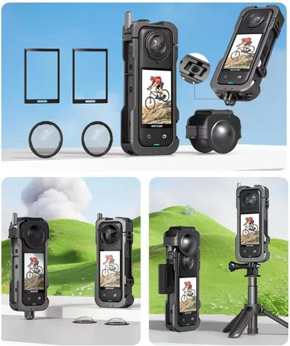 Vista 2 de Insta 360 X4 - Funda de aluminio con marco de metal, protector de lente con tapa de lente de silicona, protector de pantalla para cámara Insta360 X4