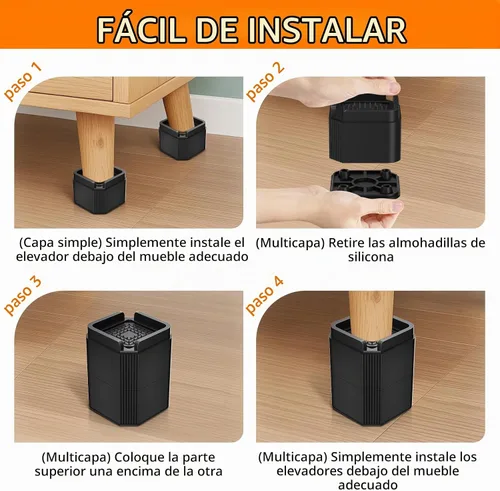 Vista 2 de Paquete de 4 elevadores de muebles ajustables de 2 pulgadas Negro-4 Pack
