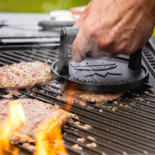 Vista 7 de SMASHER KING™ - Prensa de hamburguesa premium de hierro fundido con 25 piezas de papel para hamburguesas, prensa de hamburguesas para plancha