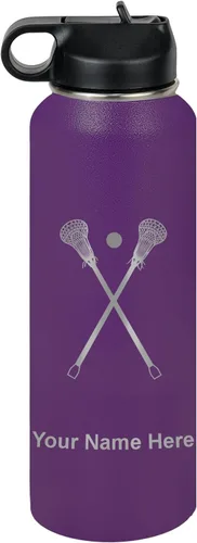 Vista 51 de LaserGram Botella de agua personalizada, palitos de lacrosse, acero inoxidable de doble pared aislada al vacío con popote superior, regalo grabado