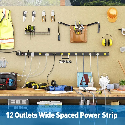 Vista 4 de Regletas de alimentación largas de 12 tomas de corriente amplias con regleta de cable de 4 pies Heavy Duty Industrial Power Strip Surge Protector