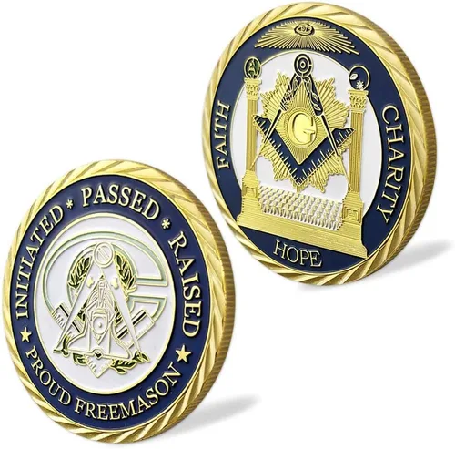 Vista 6 de Moneda de desafío masónico para francmasones, diseño 3D con estuche