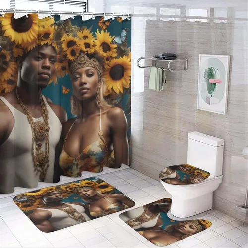 Vista 2 de Alfombra de baño para parejas afroamericanas, antideslizante, negro, King, Queen, romántica, amor, mariposa, alfombra de baño, lavable a máquina