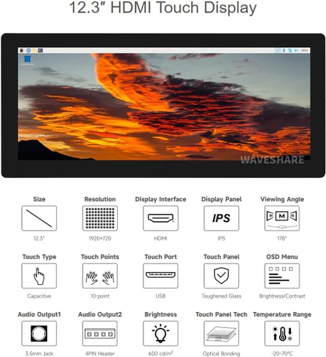 Vista 3 de Waveshare Pantalla táctil capacitiva de 12.3 pulgadas compatible con Raspberry Pi 5/4B/3B+/3B/2B/B+/A+/A+/Zero/Zero W/WH/Zero 2W Series Boards 600