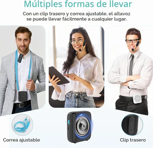 Vista 4 de Amplificador de voz inalámbrico AI con 2 micrófonos inalámbricos (1 micrófono Lavalier y 1 auricular de micrófono), sistema Bluetooth 5.3 PA