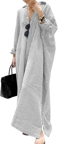 Vista 7 de Utcoco Vestido de manga larga a rayas para mujer, casual, suelto, con botones, de algodón, maxi, tipo camisa Negro