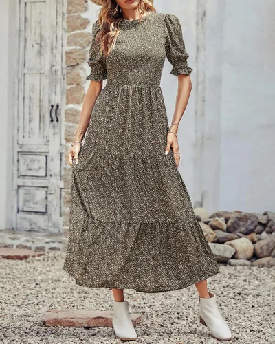 Vista 110 de BTFBM Vestidos para mujer, cuello redondo, casual, de verano, con volantes, manga corta, bohemio, con niveles, fruncido, largo, con estampado floral