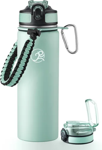 Vista 9 de GOSWAG - Botella de agua de viaje de acero inoxidable aislada de 24 onzas, 2 tapas with straw and no straw, Paracord handle, Double-wall vacuum