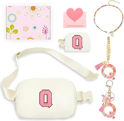 Vista 39 de Regalos de moda para niñas adolescentes, cangurera con monograma para niña con llavero, collar, dijes de taza, tarjeta de felicitación y caja