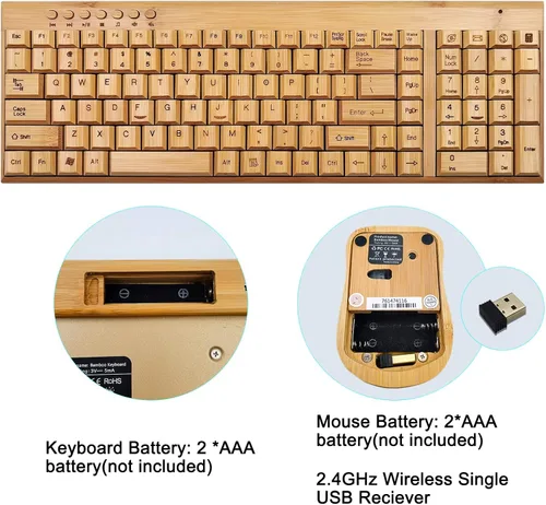 Vista 5 de Smart Tech Combo de teclado y mouse inalámbricos de bambú natural de 2,4 GHz para PC