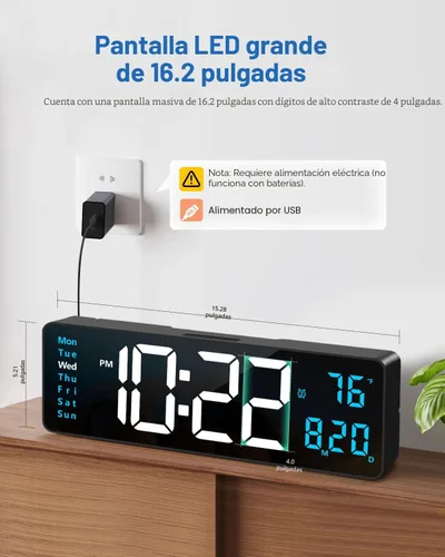 Vista 2 de Reloj de pared digital, reloj digital de pantalla grande de 40 cm con luz nocturna, reloj de pared con DST, alarma, LED, fecha, semana, temperatura