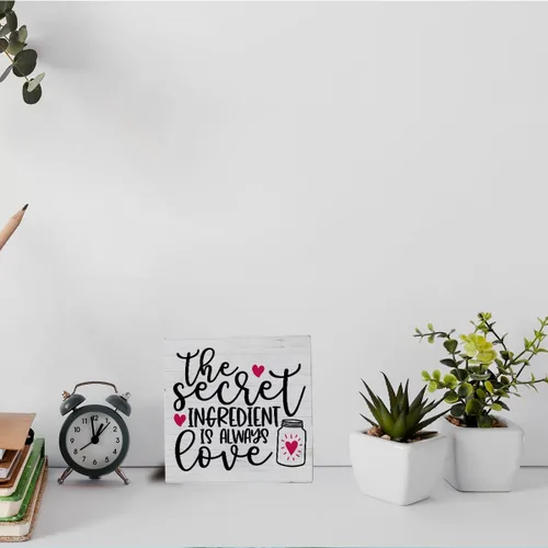 Vista 4 de Divertida decoración de cocina y escritorio, caja de madera, letrero inspirador con corazón de amor, rústico, bloque de madera negra, letrero