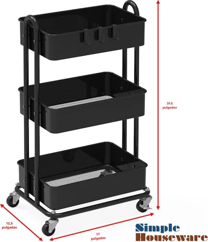 Vista 6 de Simple Houseware - Carrito de metal resistente de 3 niveles, color Negro