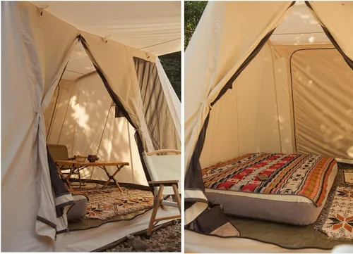Vista 7 de Tienda de campaña de lona de algodón impermeable para 4 estaciones, refugios para acampar al aire libre con toldo y puertas de malla extra anchas