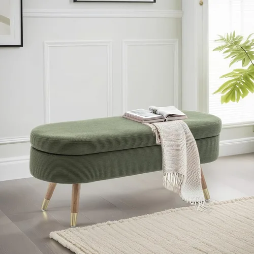 Vista 9 de IAFIKE Banco de almacenamiento ovalado de 43.5" Banco otomano tapizado de tela bouclé Banco reposapiés con patas de metal dorado, extremo de cama