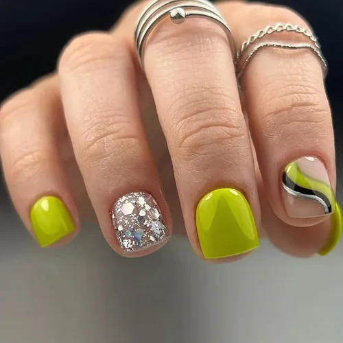 Vista 18 de Uñas postizas a presión ataúd de longitud corta, 24 piezas de cobertura completa, reutilizables, brillantes, uñas postizas con pegamento, uñas