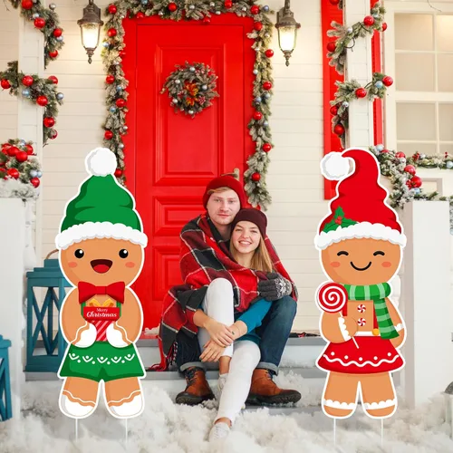 Vista 6 de Namalu Paquete de 2 carteles de Navidad para patio al aire libre, con 12 estacas de pan de jengibre para patio, para camino, invierno, Año Nuevo