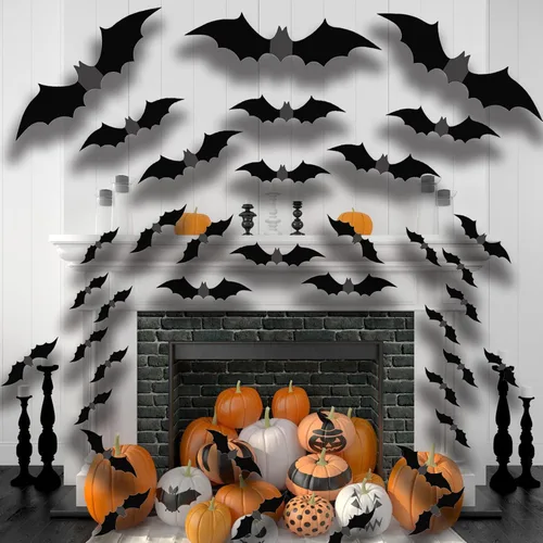 Vista 3 de 80 piezas de decoración de pared de murciélagos de Halloween, calcomanías de murciélago 3D de PVC, negro, estilo gótico, impermeable, uso