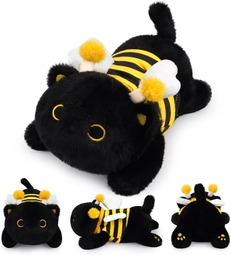 Vista 13 de Peluche de gato negro con peso, lindos animales de peluche con peso para niños, realista y suave, abrazable, regalo para niñas y niños