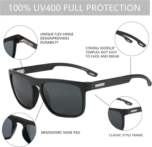 Vista 5 de ZENOTTIC Lentes de sol polarizados cuadrados para hombre, marco ligero TR90 duradero, fibra de carbono, protección UV400, lentes de sol para hombre