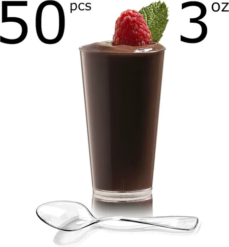 Vista 3 de zappy 50 vasos desechables de plástico para pared recta, vasos de postre transparentes y cucharas de degustación, vasos para postres y aperitivos