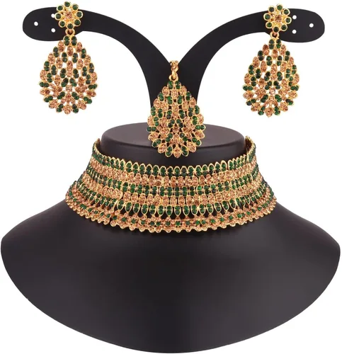 Vista 4 de Efulgenz Crystal Neckalce Set Rhinestone Brown Wedding Bridal Choker Austrian Necklace Earrings with Maang Tikka Head Chain Indian Bollywood Jewelry