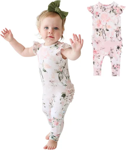 Vista 8 de Posh Peanut Mameluco de manga casquillo con volantes para bebé, ropa para niñas recién nacidas, pijama de una pieza para niños, viscosa suave
