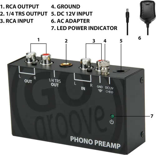 Vista 8 de GOgroove Preamplificador de preamplificador de mini tocadiscos con adaptador de CC de 12 voltios, entrada RCA para reproductor de discos de vinilo