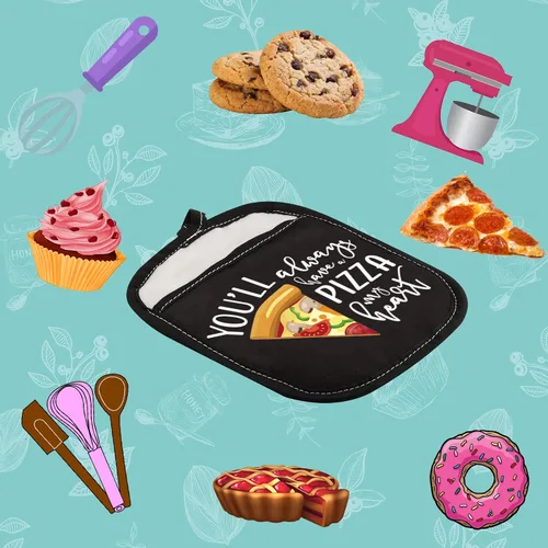 Vista 7 de Almohadillas para horno con temática de pizza, con bolsillo para amantes de la pizza, con bolsillo con texto en inglés "You Always Have A Pizza My