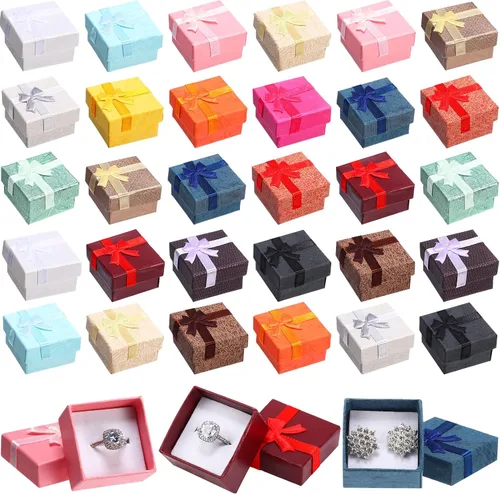 Vista 11 de Yinkin Juego de 120 cajas de regalo de anillo de cartón con lazo, cuadrado, varios colores, pequeño, caja de joyería dura para cumpleaños, 6
