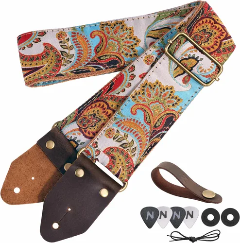 Vista 22 de Nefelibata Correa de guitarra, correas de guitarra de algodón bordado jacquard con extremos de cuero de caballo loco para bajo, eléctrico