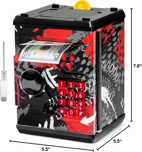 Vista 9 de Alcancía de cajero automático para niños y niñas, Vcertcpl - Mini alcancía de monedas con contraseña, caja de ahorro con agarre automático
