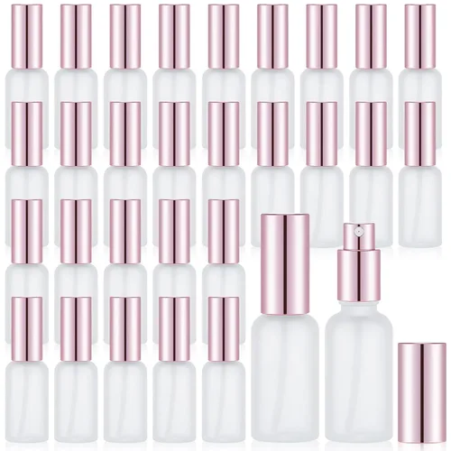 Vista 22 de Roshtia 30 botellas vacías decorativas transparentes de 0.33 onzas fluidas de color madera de haya con atomizador de perfume recargable, con bomba