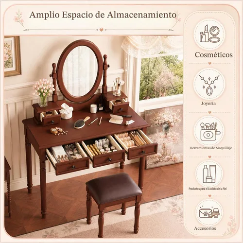 Vista 6 de Anwick Escritorio vintage con espejo de ángulo ajustable, juego de tocador de madera para dormitorio con forro de tela de terciopelo, 5 cajones