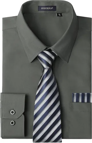 Vista 60 de HISDERN Mens Dress Shirt with Tie Pocket Square Set Classic Button Down Shirt Matching Tie Long Sleeve Shirts 08-verde