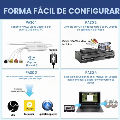 Vista 3 de Convertidor VHS a Digital, Tarjeta de Captura de Video USB, Dispositivo de Captura de Video, Convertidor RCA a USB, Convierta VHS VCR Hi8 Mini DV a