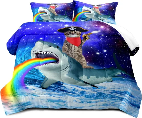 Vista 2 de LUVIVIHOME Juego de edredón divertido de 2 piezas con diseño de gato, tamaño individual, morado, galaxia, azul, olas oceánicas, arco iris, lindo