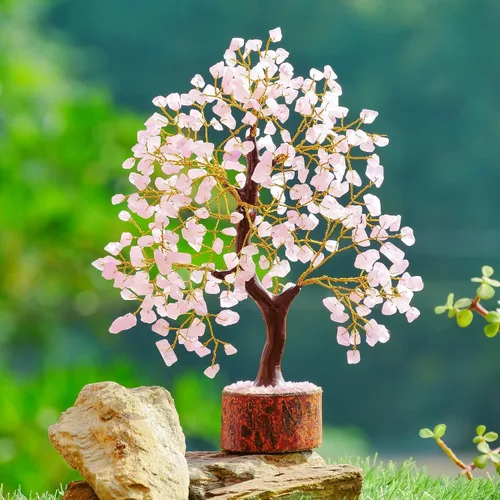 Vista 3 de Árbol de piedras preciosas de cuarzo rosa, cristal para energía positiva, figura de Feng Shui, bonsái de dinero, árbol de la vida, decoración