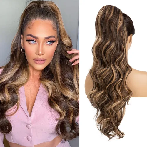 Vista 20 de Extensiones de cabello sintético ondulado con cordón para cola de caballo de 26 pulgadas, para mujer, castaño medio ceniza, rubio ceniza