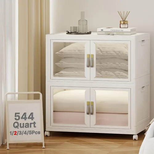 Vista 11 de Contenedor de almacenamiento apilable de 48 cuartos de galón con tapa, ruedas y puerta, organizador plegable de 12 galones para dormitorio, estudio
