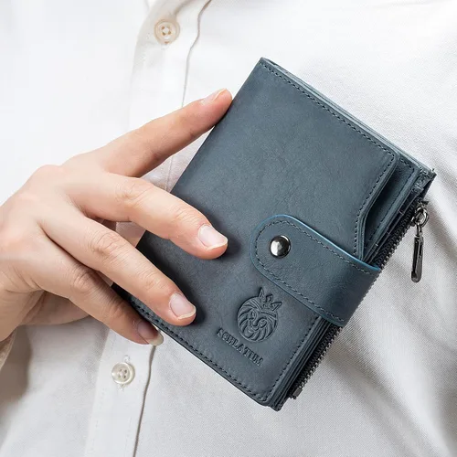 Vista 78 de LUKZIJAES Billetera de cuero genuino para hombre, con bloqueo RFID, delgada, plegable, bolsillo frontal, #3-Café, Vintage