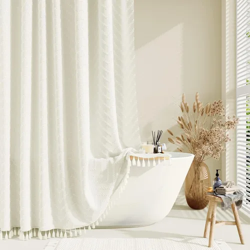Vista 17 de Dynamene - Cortina de ducha de tela bohemia con rayas con chebrón en relieve, juego de cortina angosta para baño, media cortina impermeable de A.