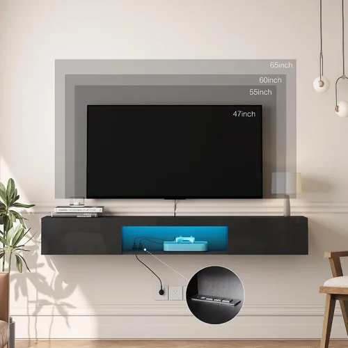 Vista 5 de Soporte flotante para TV montado en la pared con toma de corriente, moderno centro de entretenimiento flotante para TV de 70 pulgadas, estante