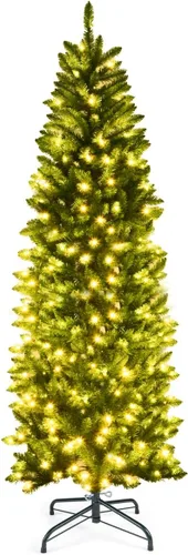 Vista 9 de Goplus Árbol de Navidad de Lápiz Preiluminado de 4.5 pies, Abeto con Bisagras de Alta Calidad, con Luces LED Blancas Cálidas y Soporte de Metal Verde