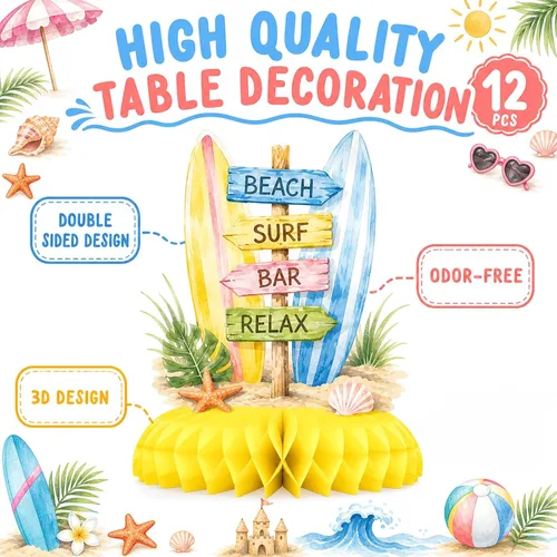 Vista 2 de Decoraciones de fiesta en la playa, centros de mesa de panal para cumpleaños de verano 12 manteles de playa con tablas de surf, palmeras