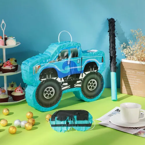 Vista 3 de Piñata de camión pequeño, piñata de camión de cumpleaños para niños, piñata de construcción con palo, confeti para niños, suministros de fiesta