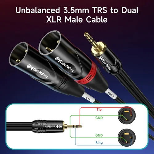 Vista 2 de Cable Matters Cable TRS a 2 XLR de 0.138 in de 1/8 de pulgada de 3 pies, macho a macho Aux a Dual XLR Breakout Cable
