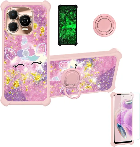 Vista 112 de jioeuinly Funda compatible con Oukitel P1 Pro con protector de pantalla de vidrio templado, policarbonato duro + silicona suave, soporte de anillo