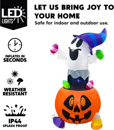 Vista 3 de Joiedomi Fantasma inflable de Halloween de 5 pies de alto para decoración al aire libre, fantasma inflable de caramelo en calabaza con luces LED